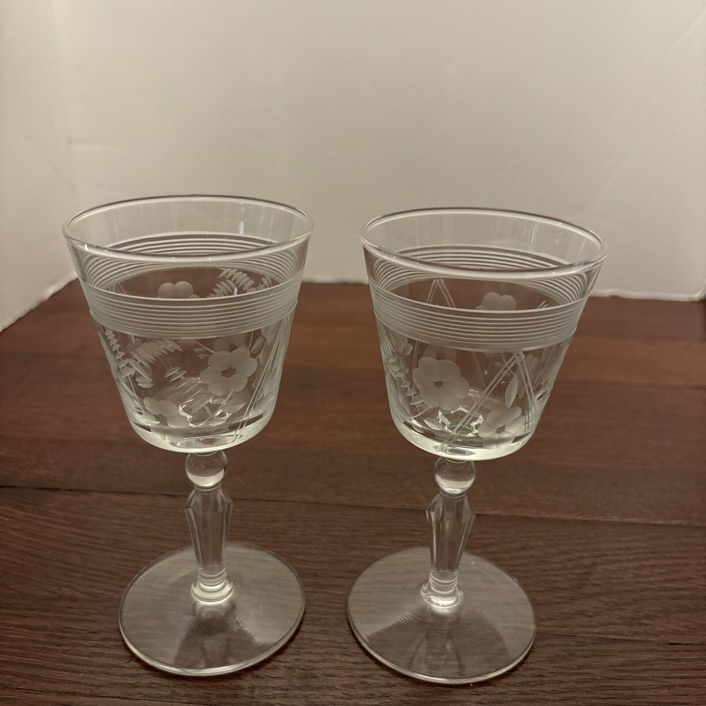 Vintage Rock Sharpe Crystal 7" Floral Banded Wine Glasses Set Of 2